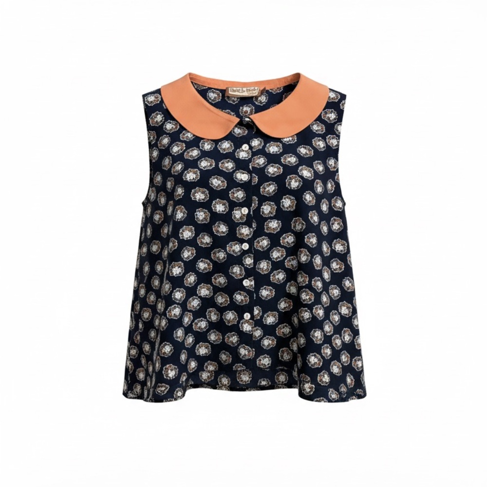 Navy Floral Sleeveless Crop Top with Coral Peter Pan Collar Size XL